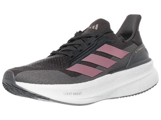 Women's Adidas Ultraboost 5x. Grey upper. White midsole. Lateral view.