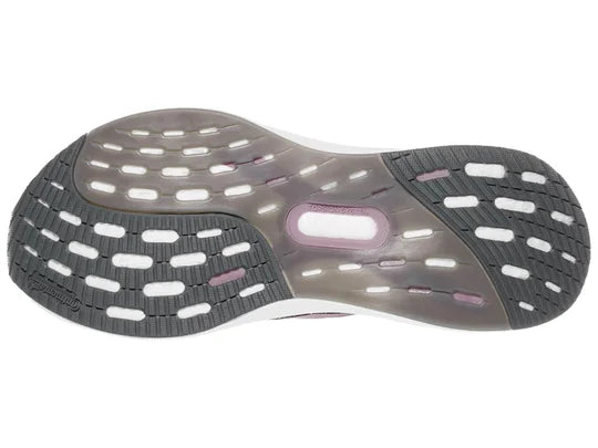 Women's Adidas Ultraboost 5x. Grey upper. White midsole. Bottom view.