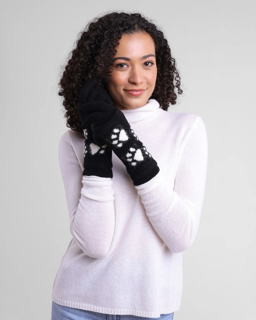Women's Alashan Cashmere Cashmere/Angora 3-in-1 Paw Print Gloves. Black with white paw print pattern. 