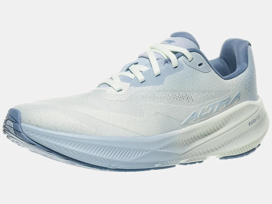 Women's Altra Experience Flow 3. White upper. Light blue midsole. Lateral view.