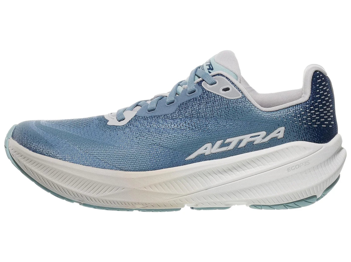 Women's Altra Experience Flow 3. Blue upper. White midsole. Lateral view.