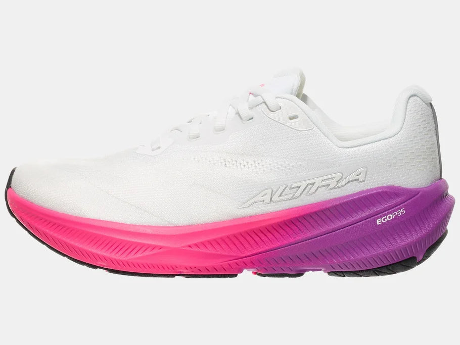 Women's Altra Experience Flow 3. White upper. Pink and purple midsole. Lateral view.