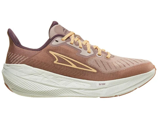 Women's Altra Experience Flow. Tan/Pink upper. White midsole. Medial view.