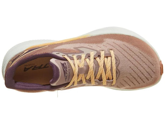 Women's Altra Experience Flow. Tan/Pink upper. White midsole. Top view.