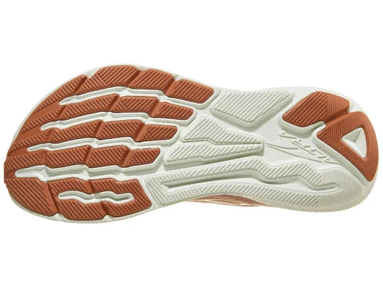 Women's Altra Experience Flow. Tan/Pink upper. White midsole. Bottom view.