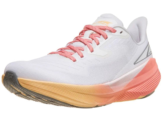 Women's Altra Experience Flow. White upper. Coral midsole. Lateral view.