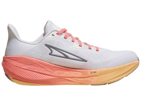 Women's Altra Experience Flow. White upper. Coral midsole. Medial view.