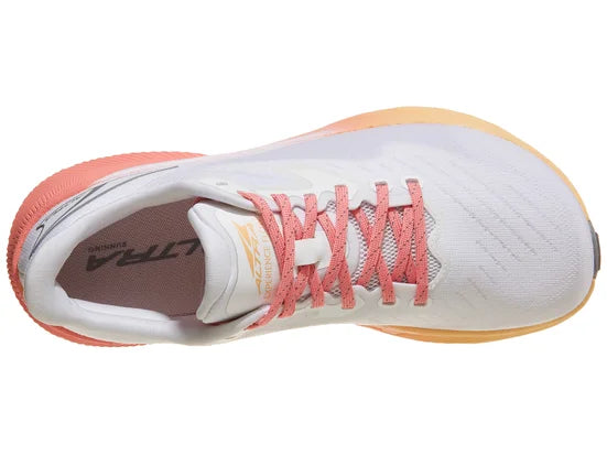 Women's Altra Experience Flow. White upper. Coral midsole. Top view.