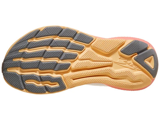 Women's Altra Experience Flow. White upper. Coral midsole. Bottom view.