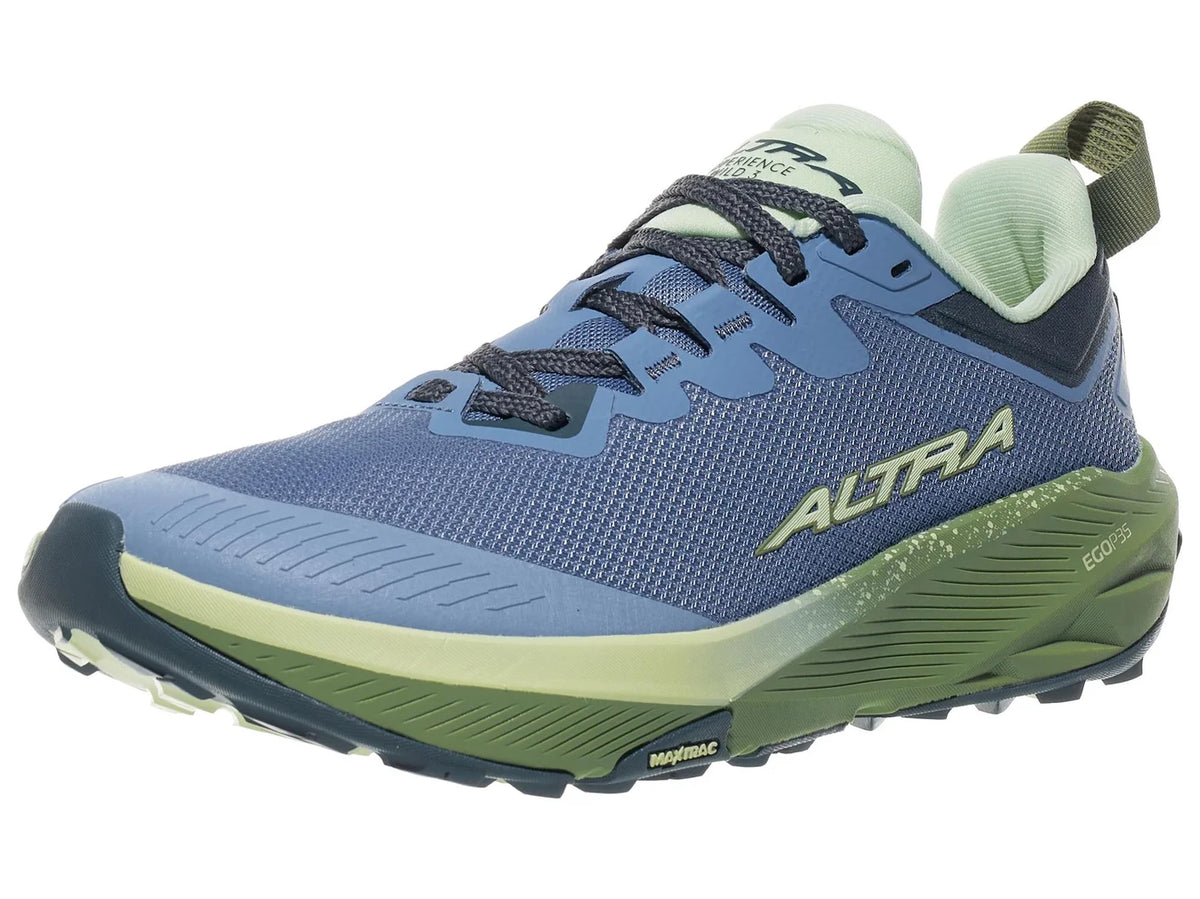 Women's Altra Experience Wild 3. Blue upper. Green midsole. Lateral view.