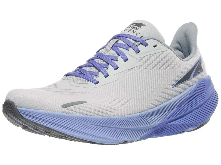 Women's Altra FWD Experience. Light grey upper. Light purple midsole. Lateral view.