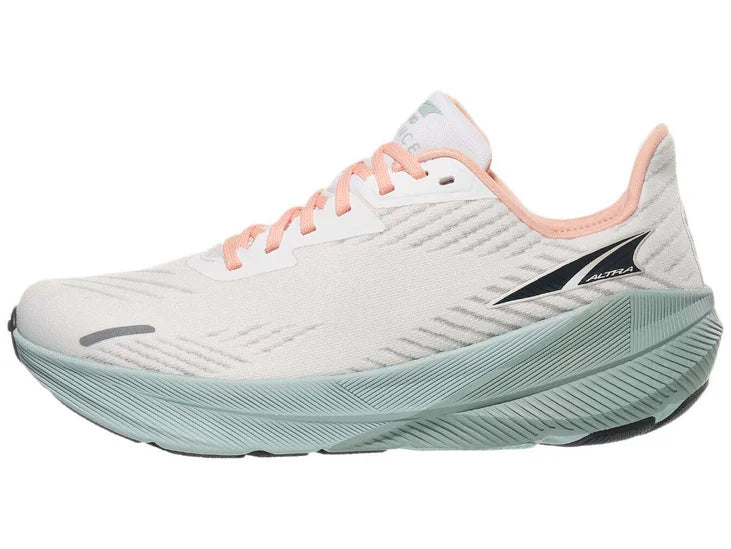 Women's Altra FWD Experience. White upper. Grey green midsole. Lateral view.