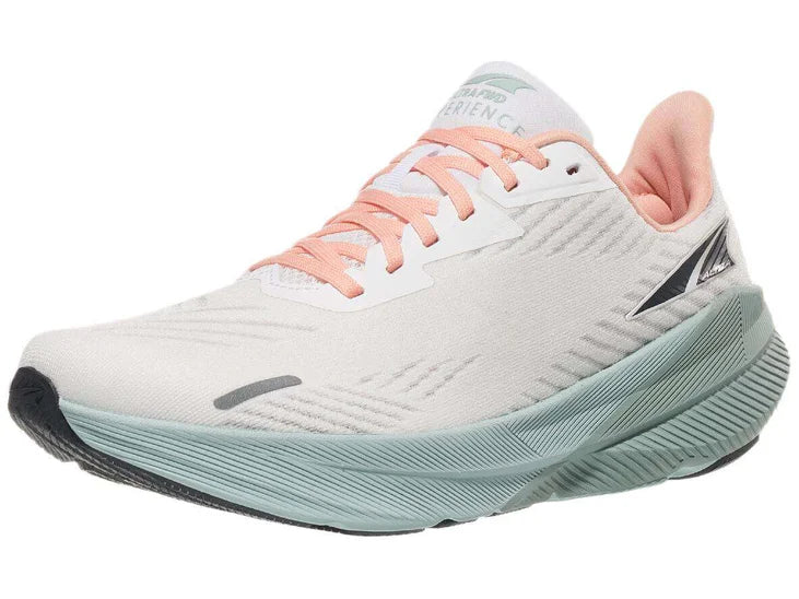 Women's Altra FWD Experience. White upper. Grey green midsole. Lateral view.