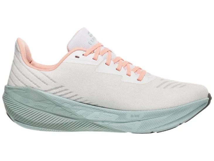 Women's Altra FWD Experience. White upper. Grey green midsole. Medial view.