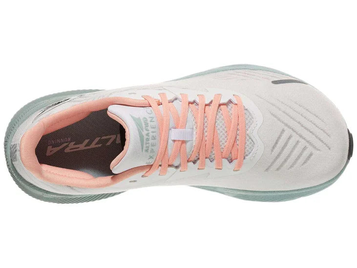 Women's Altra FWD Experience. White upper. Grey green midsole. Top view.