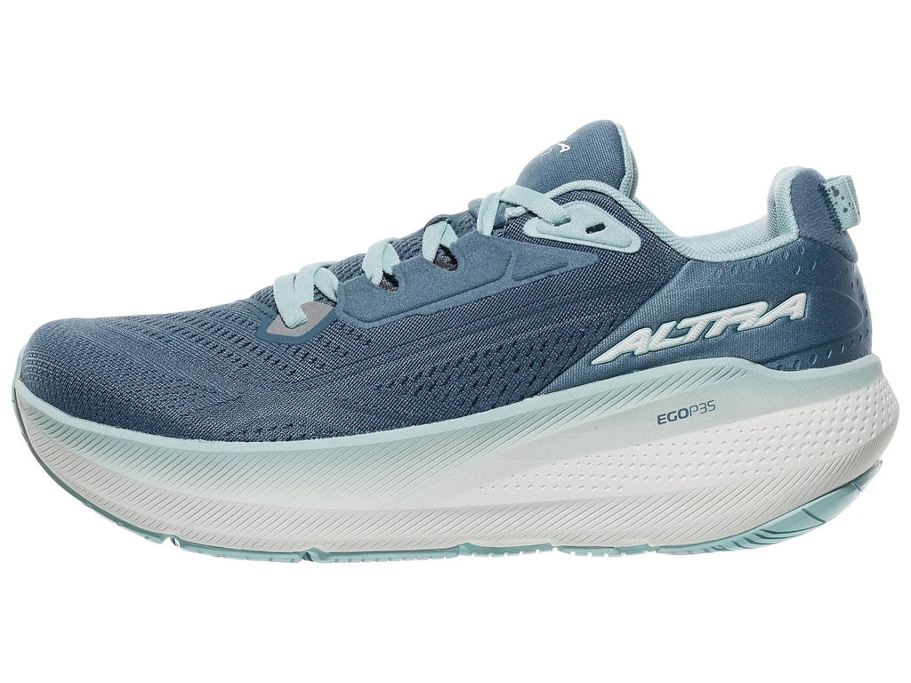 Women's Altra FWD Via 2. Blue upper. White midsole. Lateral view.