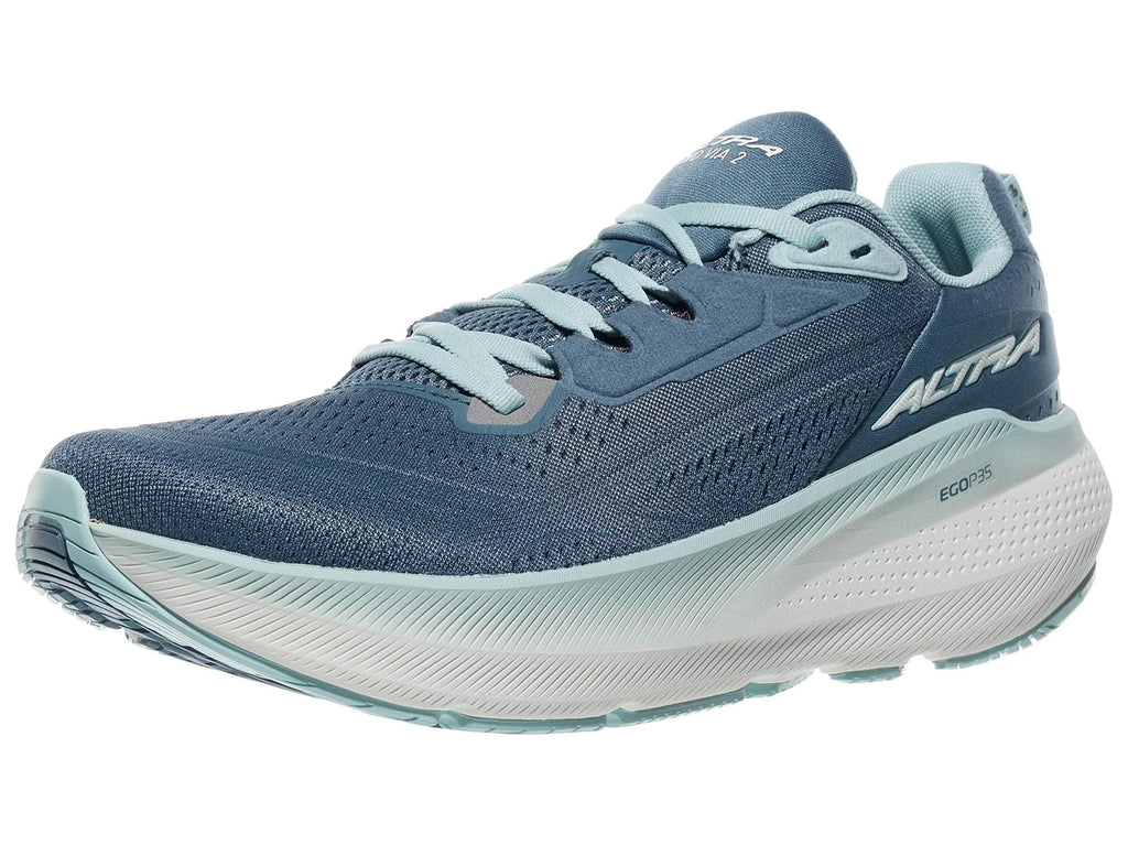 Women's Altra FWD Via 2. Blue upper. White midsole. Lateral view.