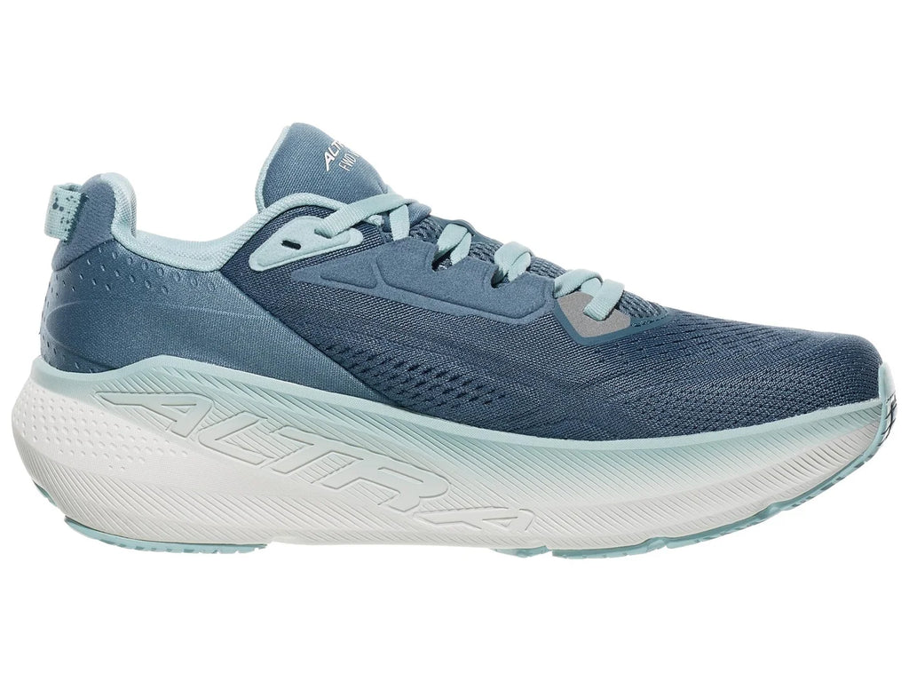 Women's Altra FWD Via 2. Blue upper. White midsole. Medial view.