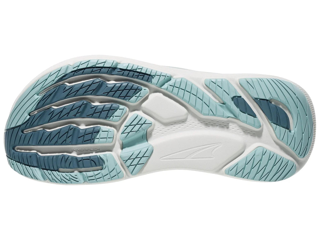 Women's Altra FWD Via 2. Blue upper. White midsole. Bottom view.