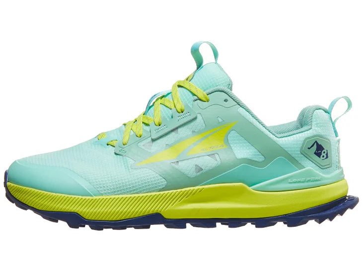 Women's Altra Lone Peak 8. Mint upper. Yellow midsole. Lateral view.