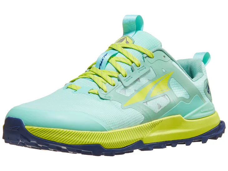 Women's Altra Lone Peak 8. Mint upper. Yellow midsole. Lateral view.