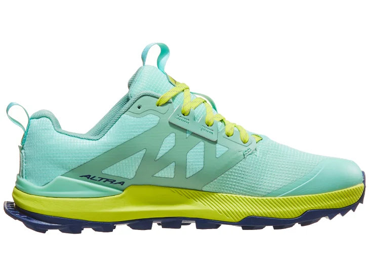 Women's Altra Lone Peak 8. Mint upper. Yellow midsole. Medial view.