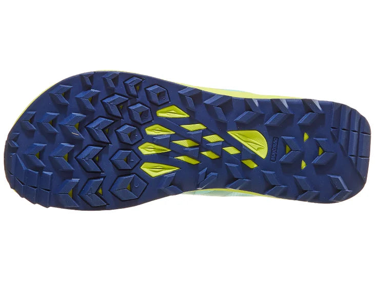 Women's Altra Lone Peak 8. Mint upper. Yellow midsole. Bottom view.