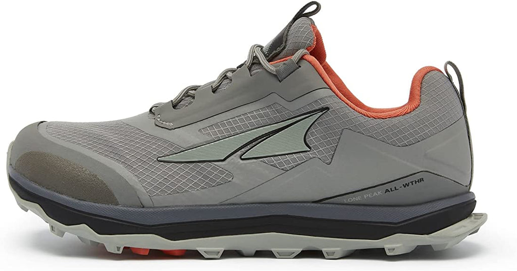 Women's Altra Lone Peak All Weather Low. Grey upper. Grey/black midsole. Lateral view.