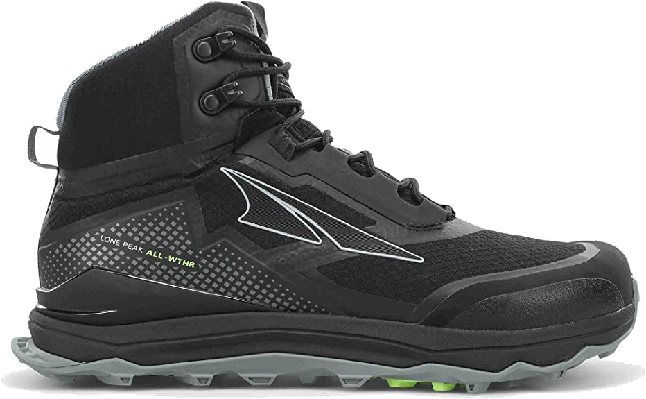 Women's Altra Lone Peak All Weather Mid. Black upper. Black/grey midsole. Lateral view.