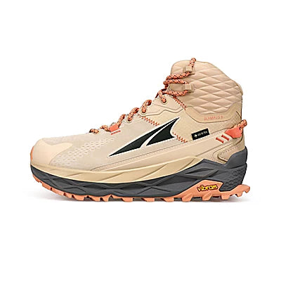 Women's Altra Olympus 5 Hike Mid GTX. Tan upper. Tan/brown midsole. Lateral view.
