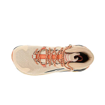 Women's Altra Olympus 5 Hike Mid GTX. Tan upper. Tan/brown midsole. Top view.
