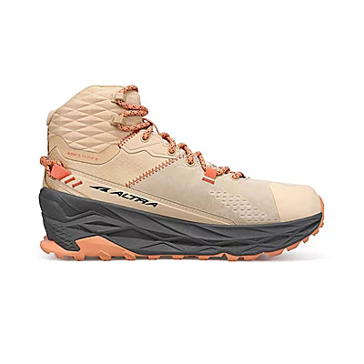 Women's Altra Olympus 5 Hike Mid GTX. Tan upper. Tan/brown midsole. Medial view.