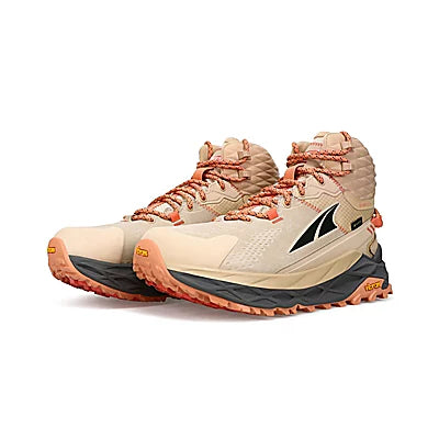 Women's Altra Olympus 5 Hike Mid GTX. Tan upper. Tan/brown midsole. Lateral view.