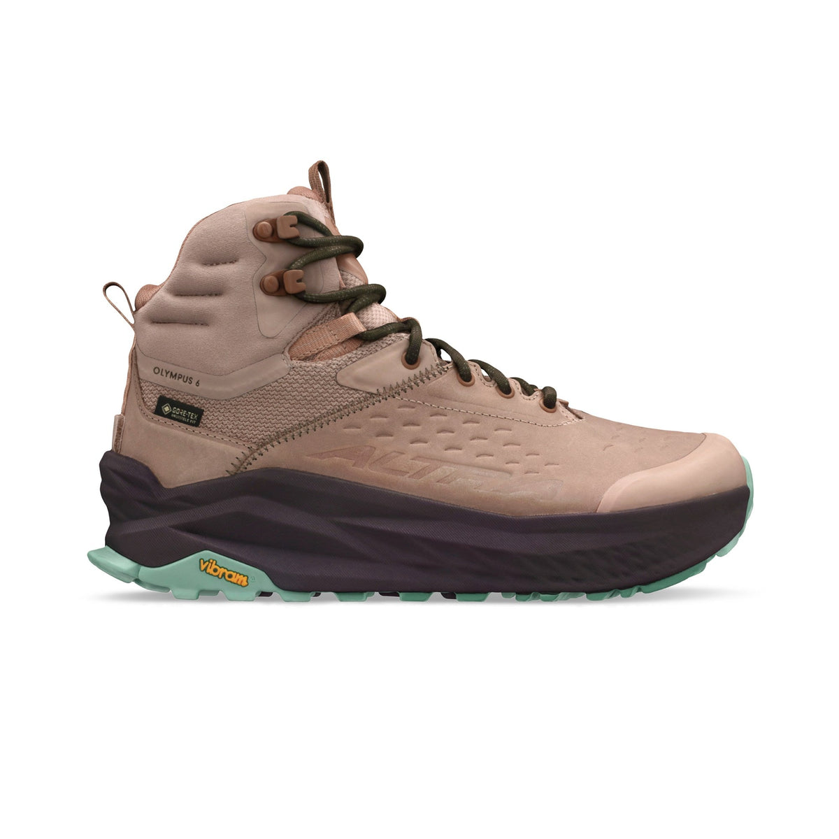 Women's Altra Olympus 6 Hike Mid GTX in Tan, alternate lateral view.