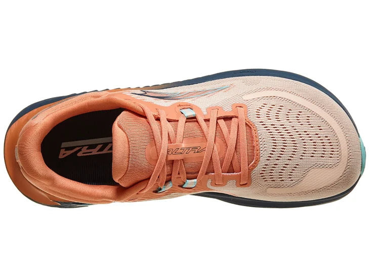 Women's Altra Paradigm 7. Light pink upper. Navy midsole. Top view.