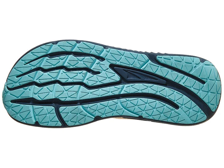 Women's Altra Paradigm 7. Light pink upper. Navy midsole. Bottom view.