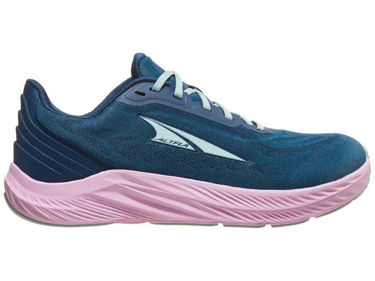 Women's Altra Rivera 4. Navy upper. Pink midsole. Lateral view.
