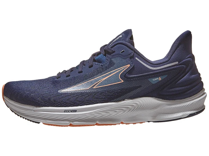 Women's Altra Torin 6. Navy upper. White midsole. Lateral view.