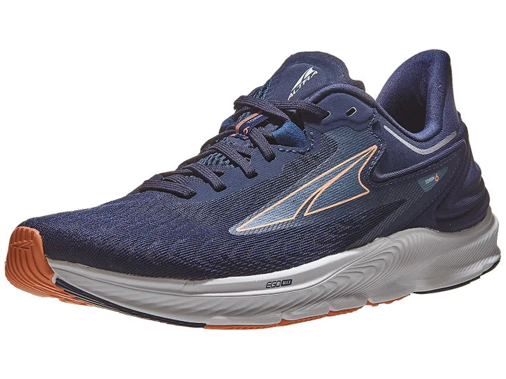Women's Altra Torin 6. Navy upper. White midsole. Lateral view.