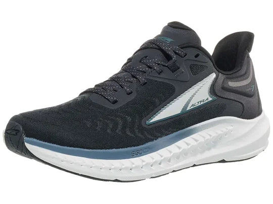 Women's Altra Torin 7. Black upper. White midsole. Lateral view.