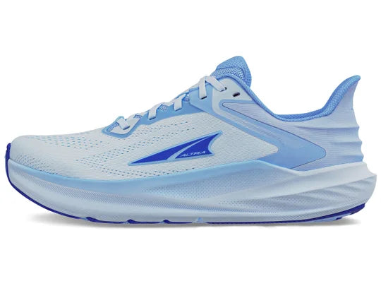 Women's Altra Torin 8. Light Blue upper. Light Blue midsole. Lateral view.