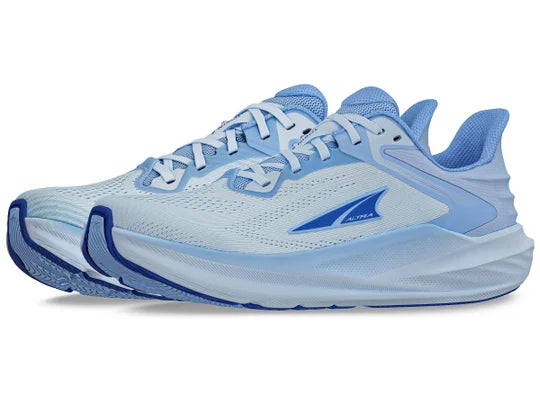 Women's Altra Torin 8. Light Blue upper. Light Blue midsole. Lateral view.