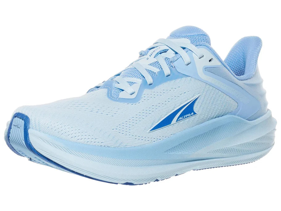 Women's Altra Torin 8. Light Blue upper. Light Blue midsole. Lateral view.