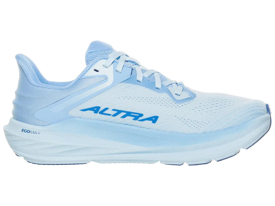 Women's Altra Torin 8. Light Blue upper. Light Blue midsole. Medial view.