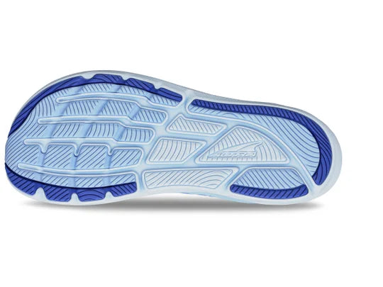 Women's Altra Torin 8. Light Blue upper. Light Blue midsole. Bottom view.