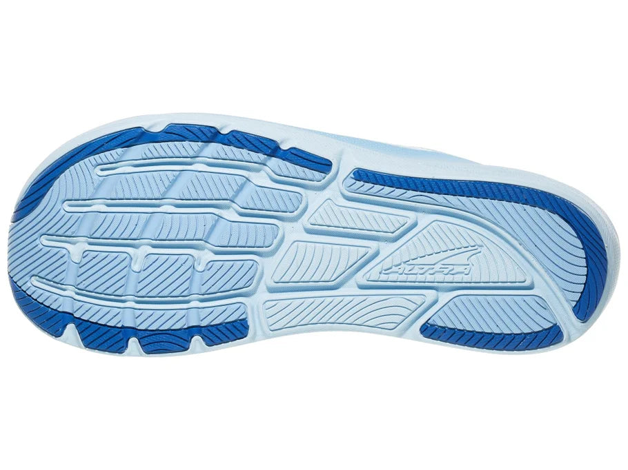 Women's Altra Torin 8. Light Blue upper. Light Blue midsole. Bottom view.