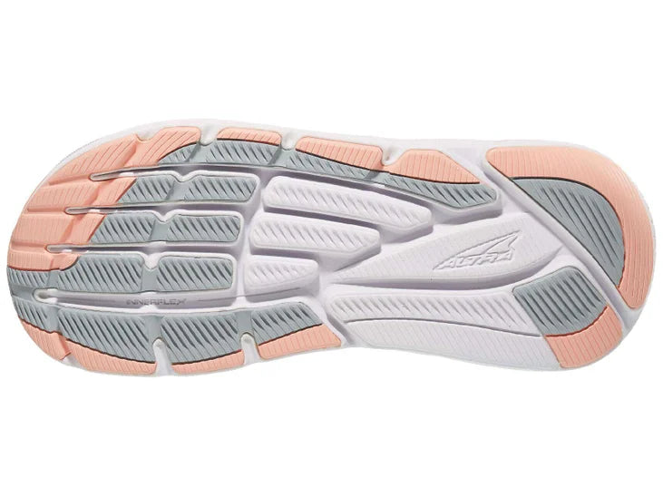 Women's Altra Via Olympus 2. Grey upper. White midsole. Bottom view.