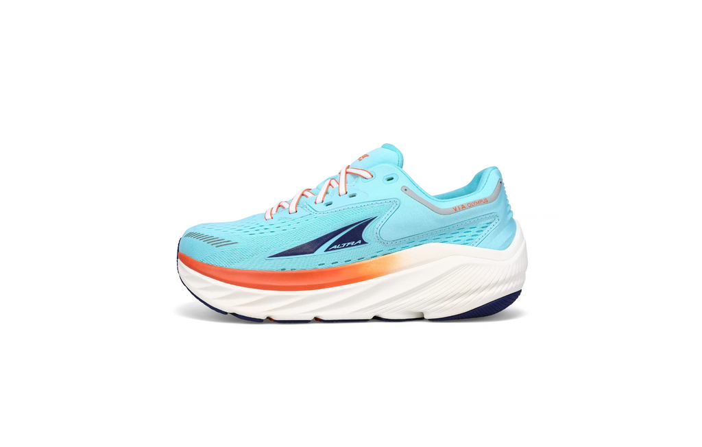 Women's Altra Via Olympus. Light blue upper. White midsole. Lateral view.