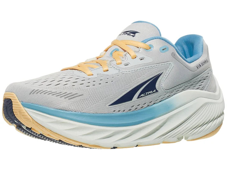 Women's Altra Via Olympus. Light grey upper. White midsole. Lateral view.
