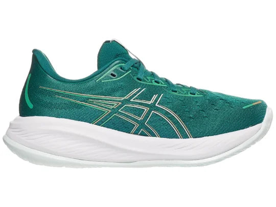 Women's Asics Gel Cumulus 26. Teal upper. White midsole. Lateral view.